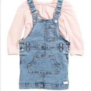 7 For All Mankind 2 Piece Set Denim Overall Dress/Skirtall & Pink Polkadot Shirt